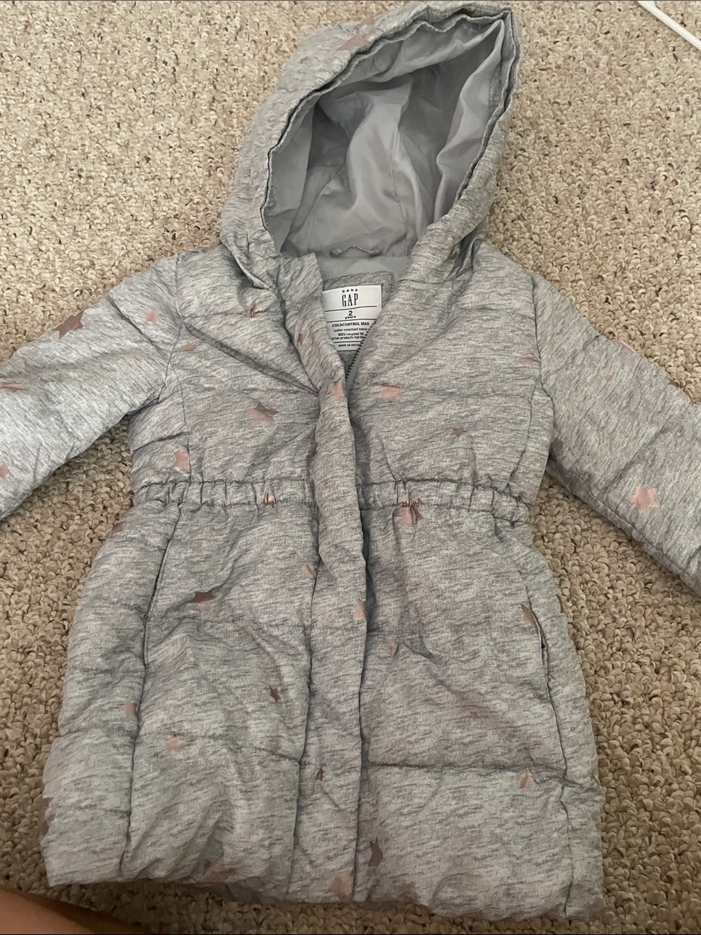 GAP Toddler Hooded Puffer Coat in Heather Gray with Pink Star Accents